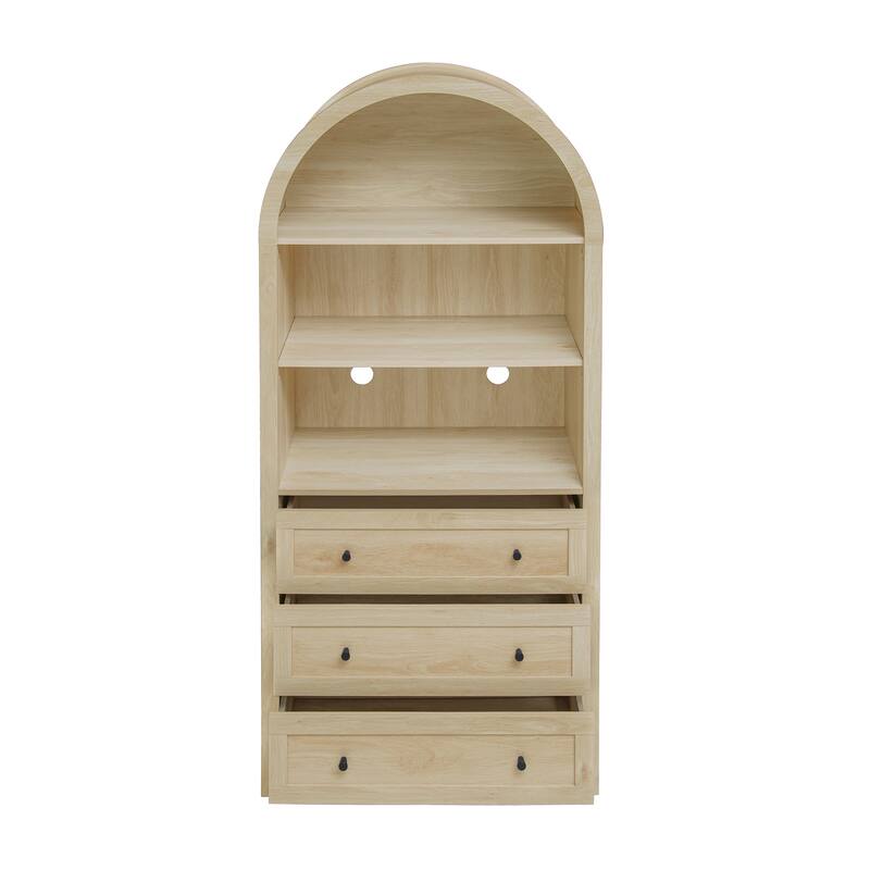 Roomfitters Arched Kitchen Pantry Cabinet, Modern Farmhouse Wood Storage Cabinet with 3 Drawers and Adjustable Shelves, Natural