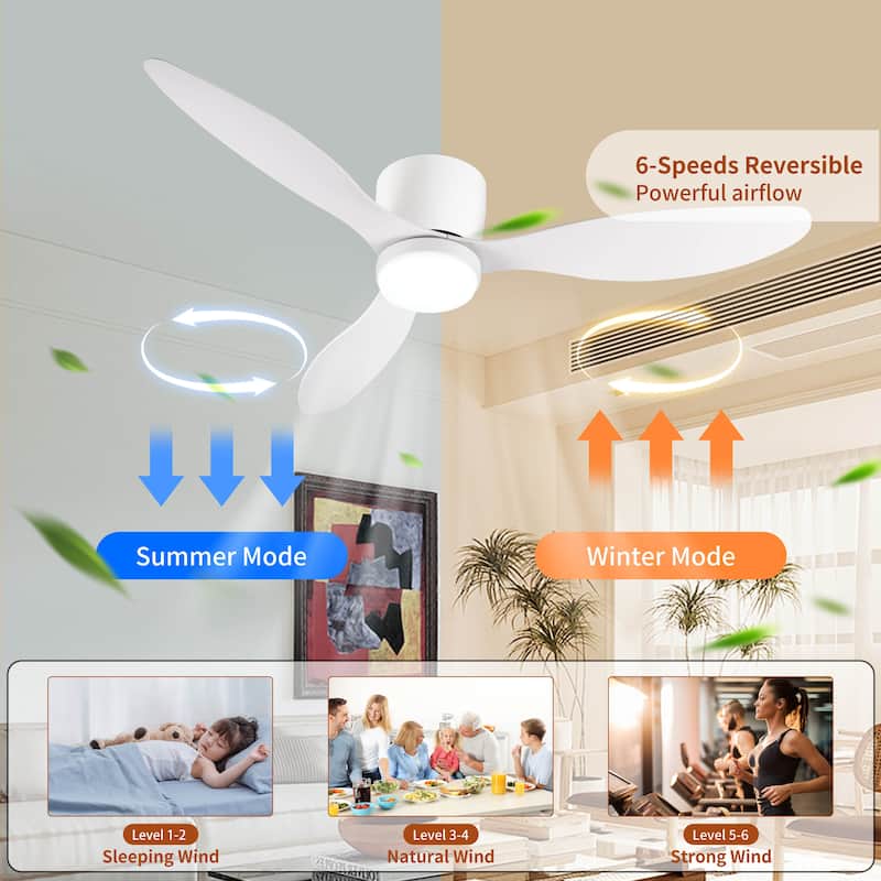 52" Smart Flush Mount Ceiling Fans with Lights Remote,Low Profile Ceiling Fan,Control with WIFI Alexa App,Dimmable,ABS blades
