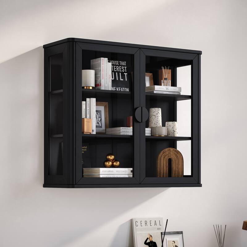Modern Wall-Mounted Storage Cabinet with Tempered Glass Doors - Black