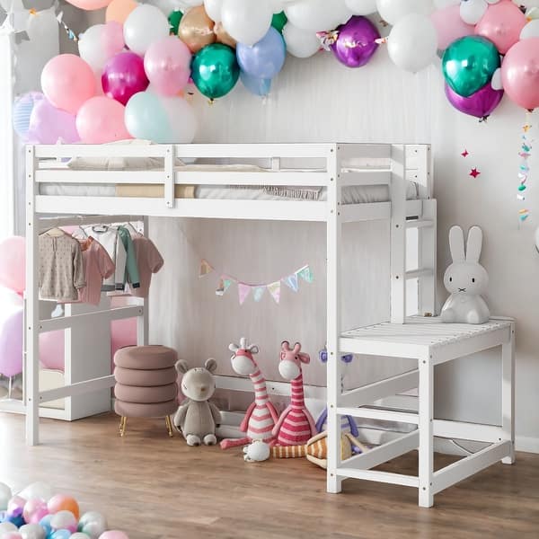 slide 2 of 9, Modern Twin Size High Loft Bed with Ladder landing Platform,Ladders,Guardrails and Storage White