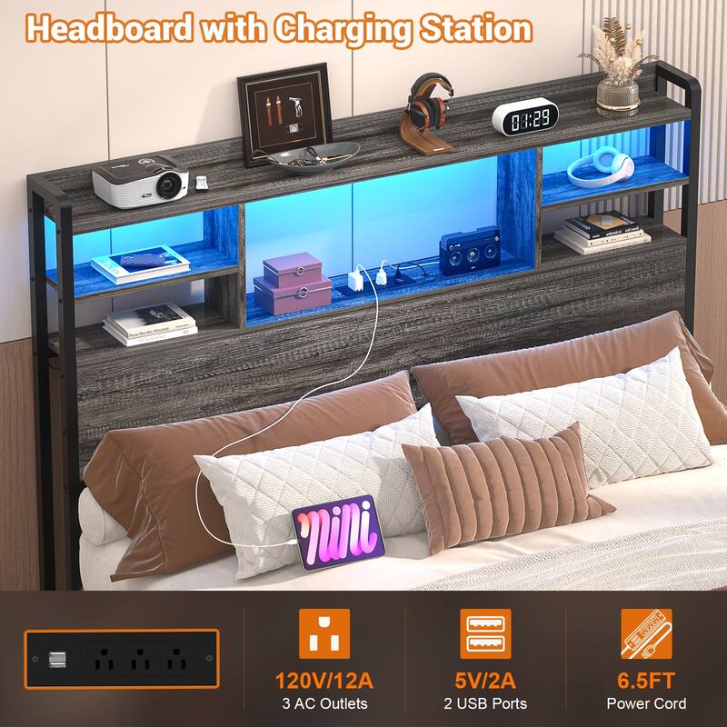 Storage Headboard with USB Port and Power Outlet, Head Board with LED Light for Bed Frame