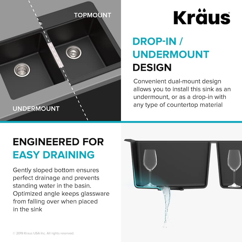 KRAUS Granite 33 inch 2-Bowl Undermount Drop-in Kitchen Sink