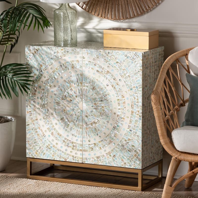 Quintus Modern Bohemian Multicolor Mother of Pearl and Gold Metal Storage Cabinet