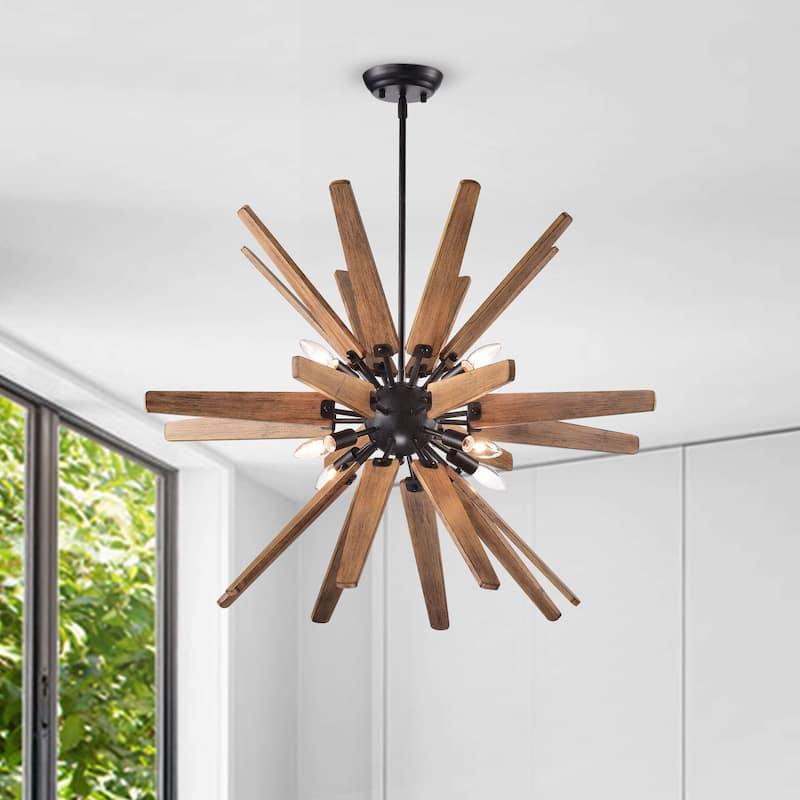 Bernice 8-light Antique Black Sputnik Natural Wood Chandelier
