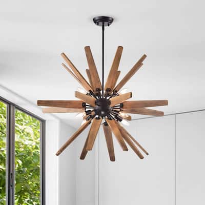 Bernice 8-light Antique Black Sputnik Natural Wood Chandelier