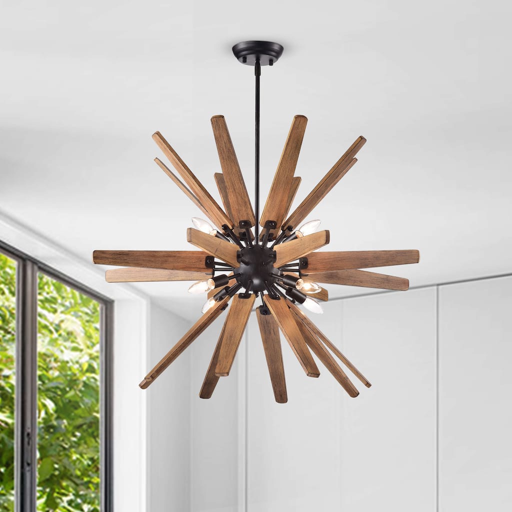Bernice 8-light Antique Black Sputnik Natural Wood Chandelier