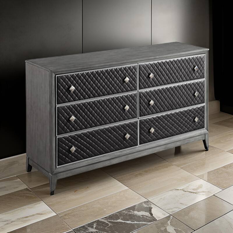 Stacy 64 Inch Dresser, 6 Faux Leather Upholstered Drawers, Gray Wood