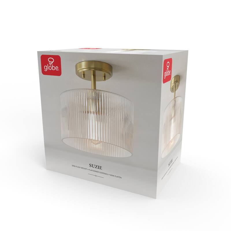 1-Light Semi-Flush Mount Ceiling Light, Matte Brass, Clear Ribbed Glass Shade, Home Improvement, Dining Room, Kitchen - 10"