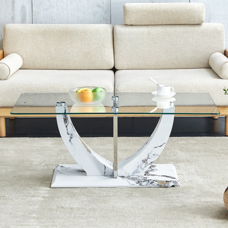 Modern minimalist transparent tempered glass coffee table with marble patterned MDF legs stainless steel decorative columns