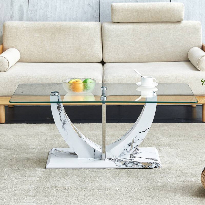 Roomfitters Glass Coffee Table with Marble Pattern MDF Legs and Steel Columns, Modern Gaming or Office Desk, White Marble