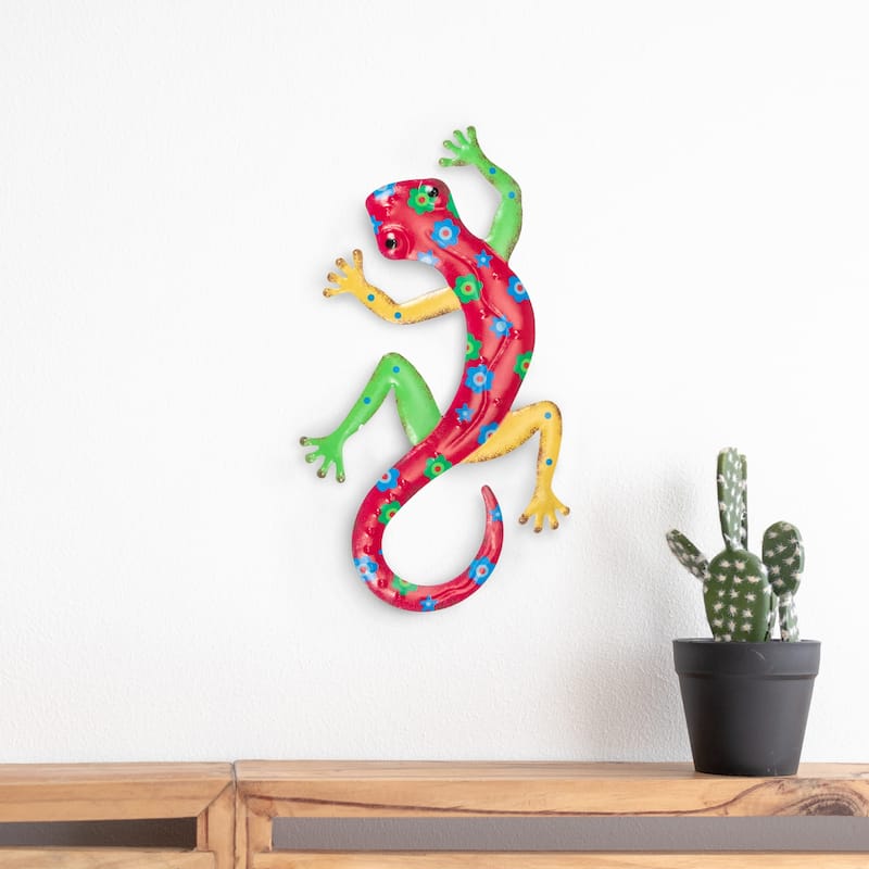 11.75" Red Floral Metal Lizard Outdoor Wall Hanging