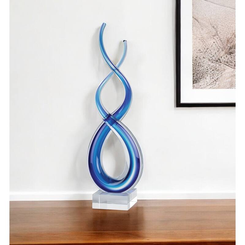 HomeRoots 14" Clear and Blue Murano Glass Modern Abstract Tabletop Sculpture