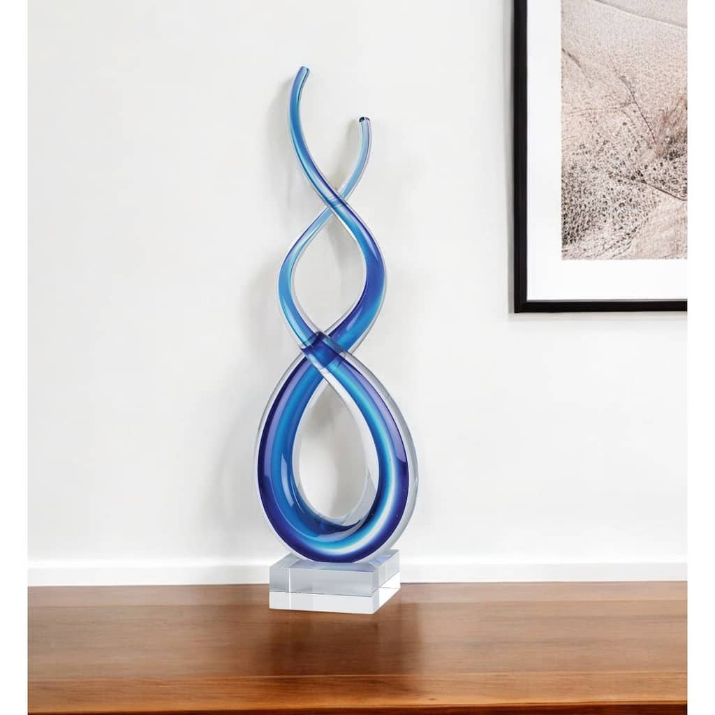 HomeRoots 14" Clear and Blue Murano Glass Modern Abstract Tabletop Sculpture
