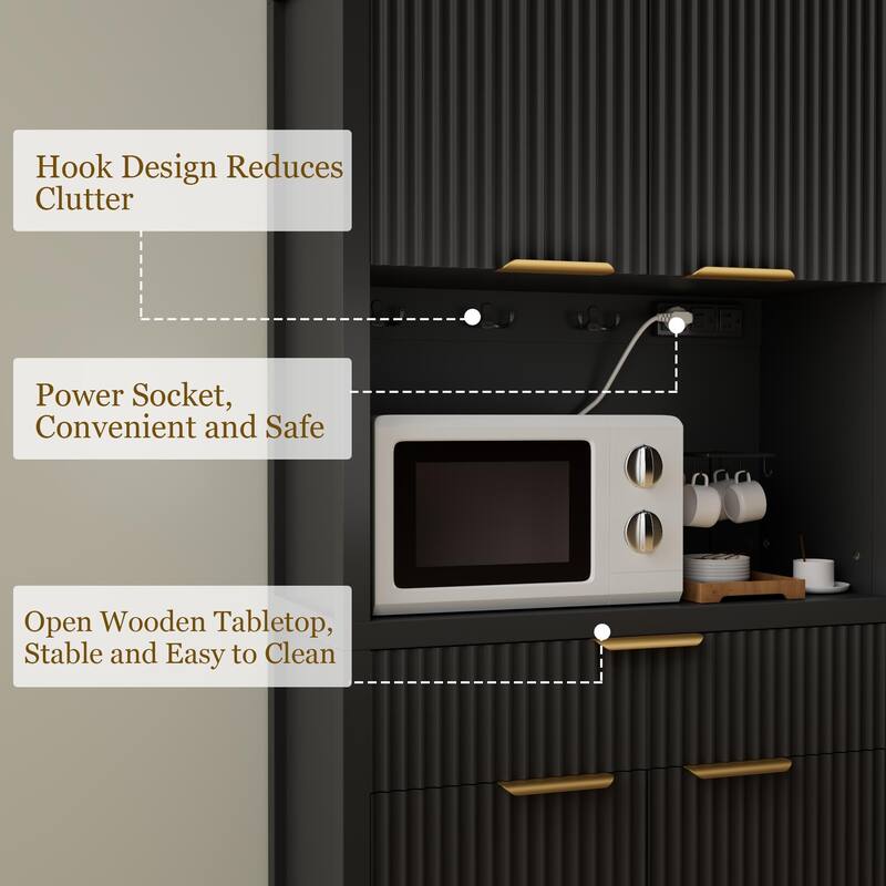 71"Pantry Storage Cabinet with Drawer, Charging Station and Open Countertop for Dining Living Room