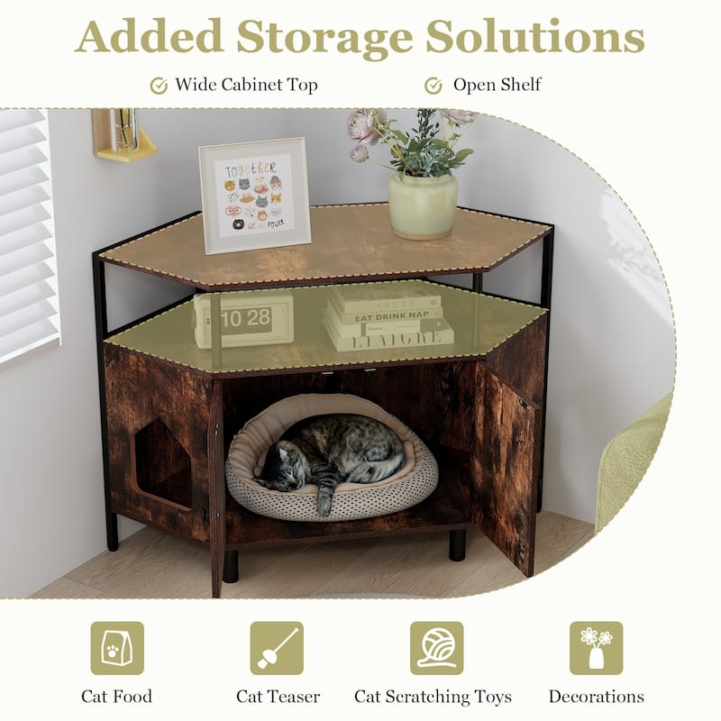 Corner Cat Litter Box Enclosure with Open Shelf 2 Entrances and Metal Legs - 41.5" x 20" x 29"