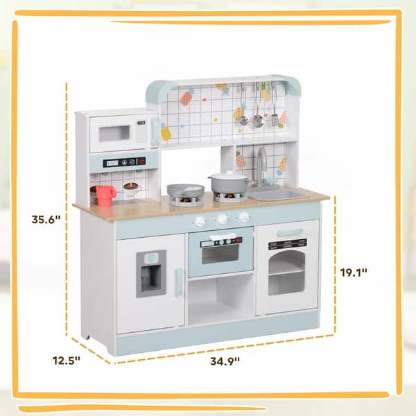 Qaba Play Kitchen, Kids Kitchen Playset Pretend Play Cooking with Coffee Machine, Ice Maker, Stove, Gift for Ages 3+ Years Old