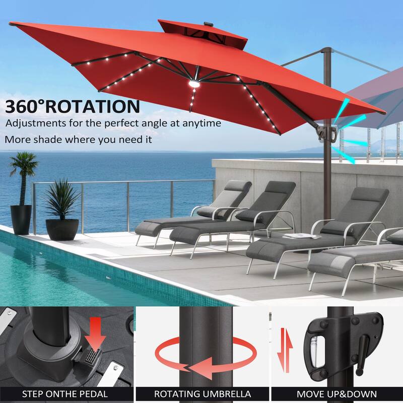 10 X 13 FT Outdoor Patio Cantilever Umbrella with Solar Lights Rod Wheel Base Double Canopy 360 Rotation Tilt