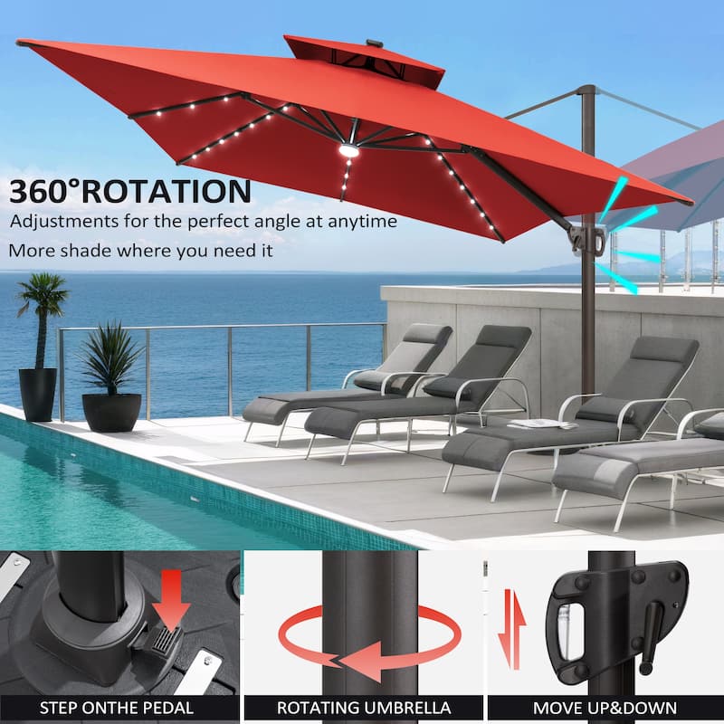 Pellebant 10x13 FT Outdoor Patio Double Top Cantilever Umbrella Solar LED Lighted with 4 Piece Square Offset Umbrella Base