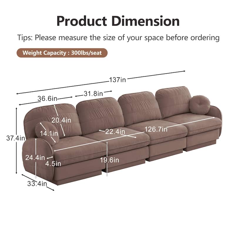 GDFStudio Alden Voss 137" Chenille Cloud 4-Seater Sofa with Quilted Back Cushions, Deep Seat