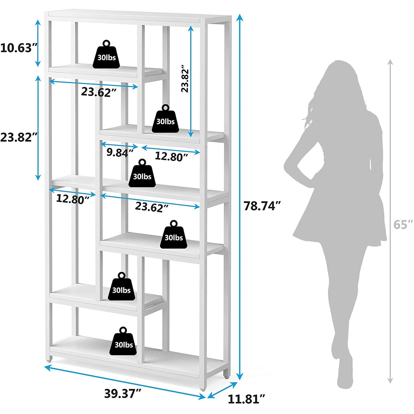 78.7 inch Extra Tall Bookshelf 10 Display Shelves Storage