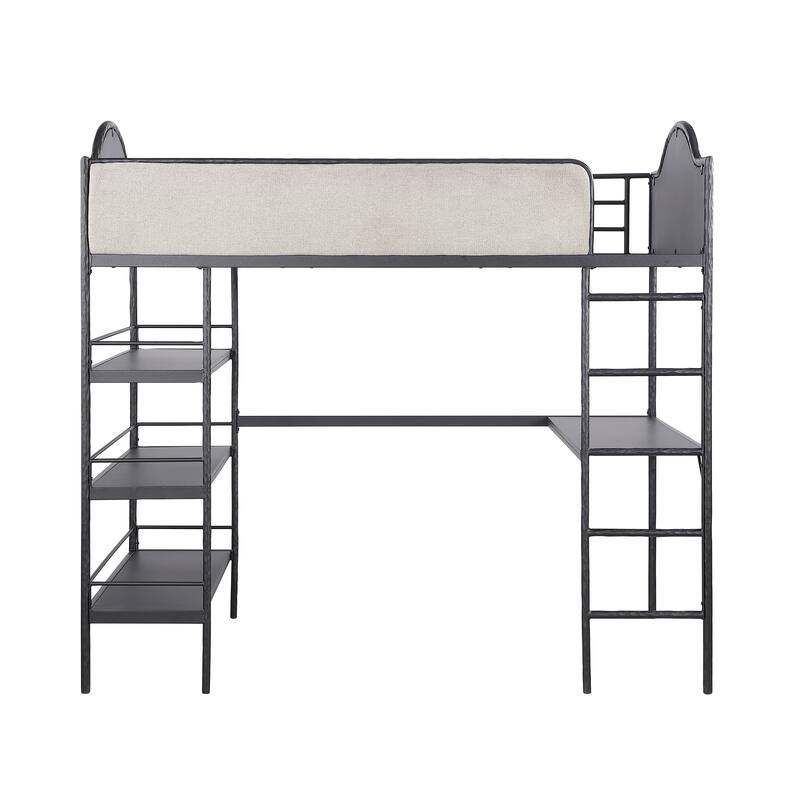 Furniture of America Orven Modern Black Metal Twin Loft Bed with Desk and Shelves