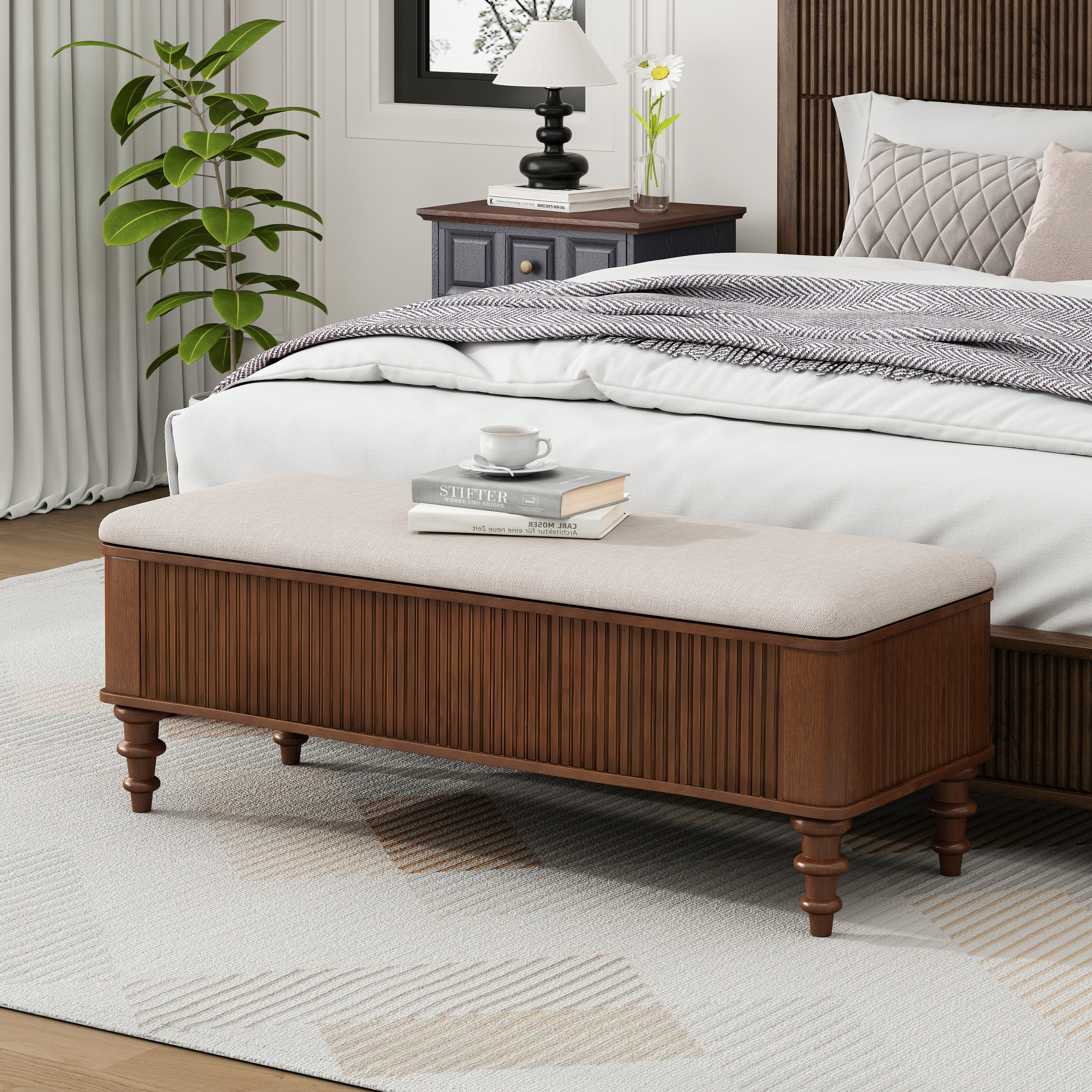 50.8" Multi-Functional Storage Ottoman Bench with Linen Seat, Solid Rubberwood Bed End Bench, Entryway Storage Bench