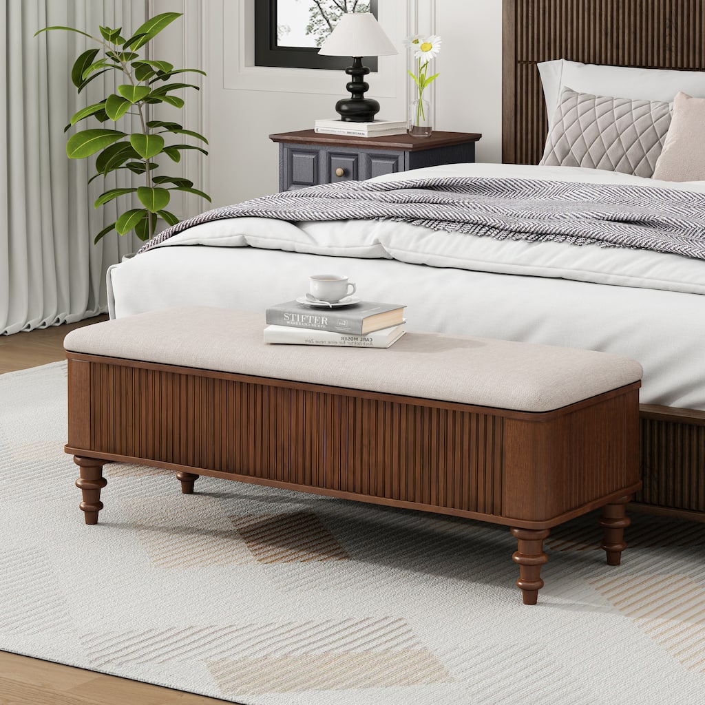 50.8" Multi-Functional Storage Ottoman Bench with Linen Seat, Solid Rubberwood Bed End Bench, Entryway Storage Bench