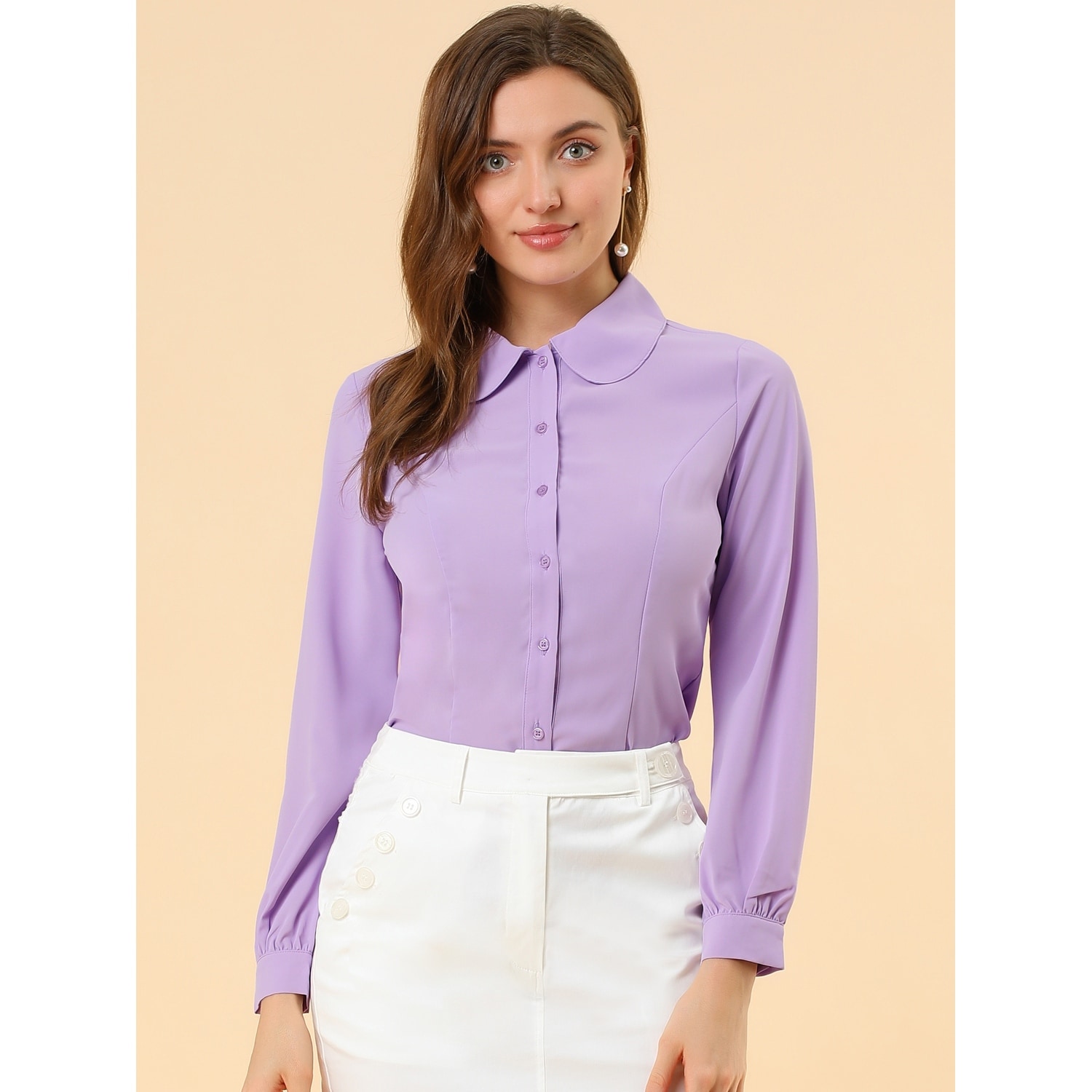 Allegra K Women's Button Up Peter Pan Collar Long Sleeve Shirt