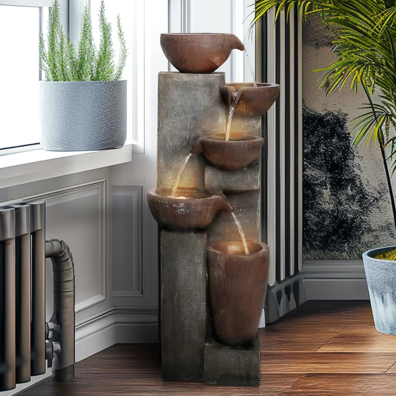39.7in High Outdoor Water Fountain with LED Lights for Home Art Decor - Polyresin - Floor - Grey