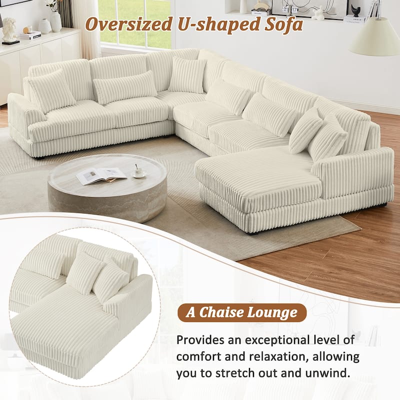 U-Shaped Sectional Sofa with Chaise Lounge, Oversized Corduroy Upholstered Sofa, 5 Seater Sofa with Removable Throw Pillows