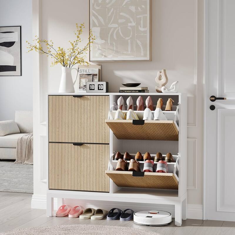 Shoe Storage Cabinet with 4 Flip Drawers, Fluted Shoe Organizer with Metal Legs - White+oak