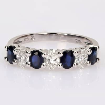 Miadora Oval Sapphire and 1/2ct TDW Diamond Semi-Eternity Anniversary Band in 14k White Gold