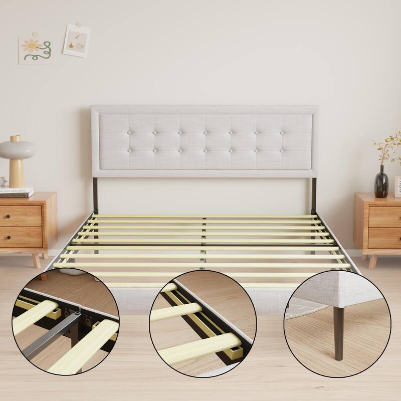 Queen Bed Frame with Tufted Upholstered Headboard and Wooden Slats Support/Platform Bed Frame/No Box Spring Needed/Ivory White