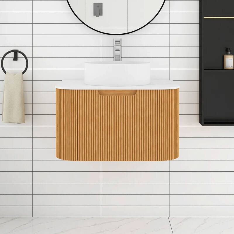 Wall-Mounted Bathroom Vanity with White Round Ceramic Sink - 24.02'' x 18.9'' x 19.48'' - Natural Wood