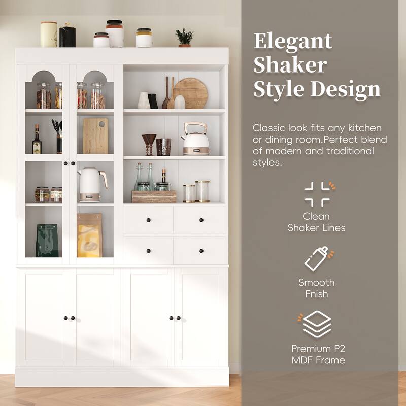 Tall Kitchen Pantry Cabinet, 75" Freestanding Buffet with Hutch, 4 Drawers, Door Shelves & Pull-Out Trays, Dining Room Storage