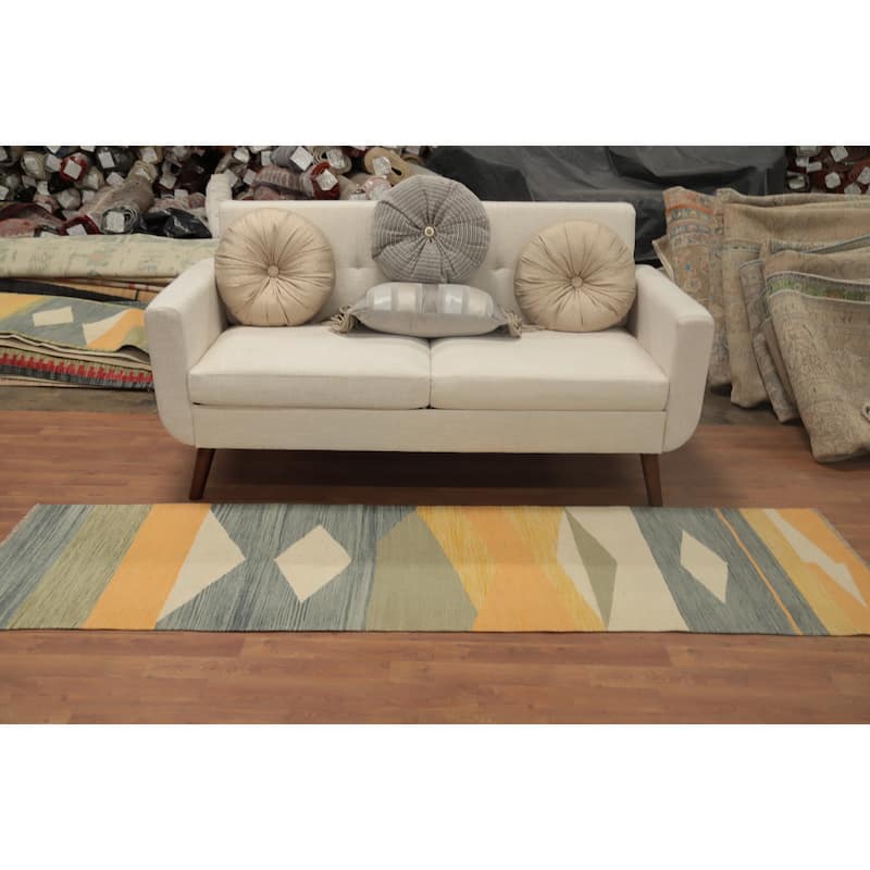 Hand Woven Oriental 100% Wool Carpet Southwestern Modern Multi-Colored Kilim Runner Rug - 7' 10'' X 2' 3''