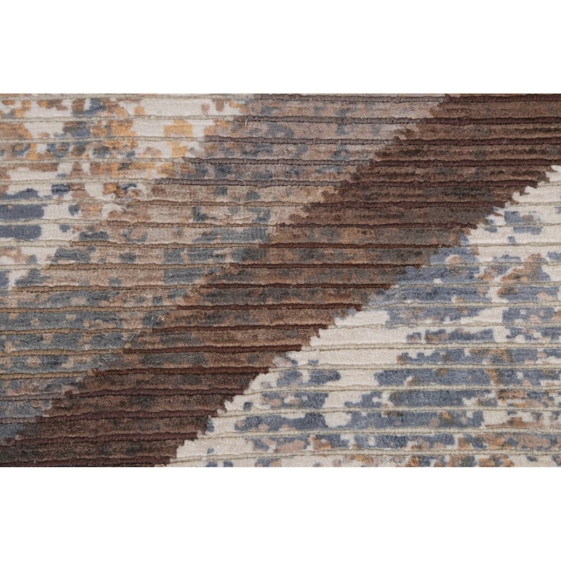Striped Beige Abstract Oriental Area Rug Handmade Wool Carpet - 6'6"x 9'1"