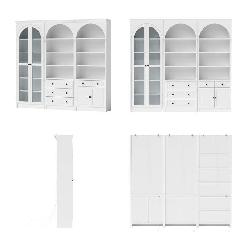 Modular White Bookcase with LED Lights & Glass Doors, 86.6" Tall Arched Display Cabinet Solid WoodStorage Cabinet