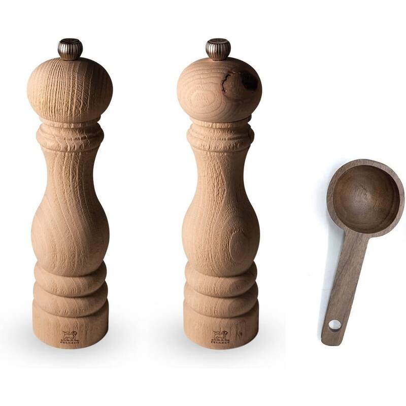 Peugeot Paris Nature 9 inch Salt & Pepper Mills Gift Set - With Wooden Spice Scoop - Beige - 3 Piece