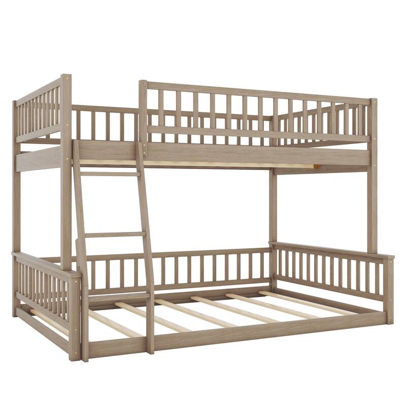 Walnut Full XL over Queen Size Bunk Bed with Ladder & Guardrails