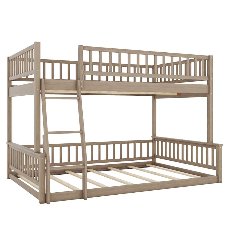 Walnut Full XL over Queen Size Bunk Bed with Ladder and Guardrails for Kids, Boys and Girls, Bedroom