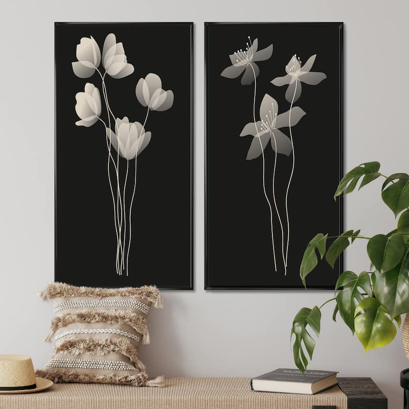 Designart "Monochrome Minimalist Organic Plant Structures I" Floral Framed Art Set of 2 Pieces - 32 in. Wide x 32 in. High - Panels - Black