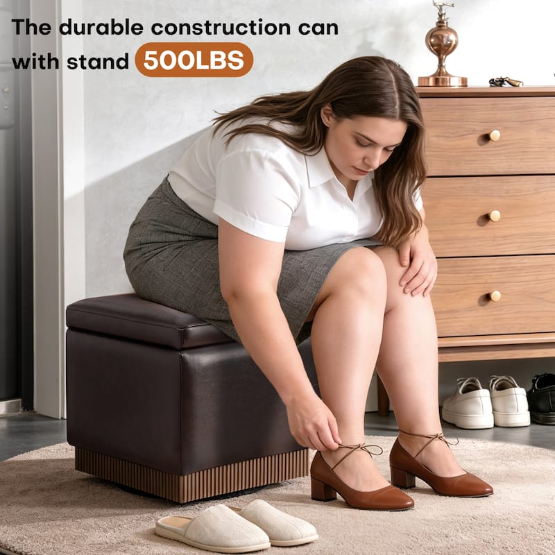 Swivel Storage Ottoman Bench Footstool with Flip-top and Acacia Frame