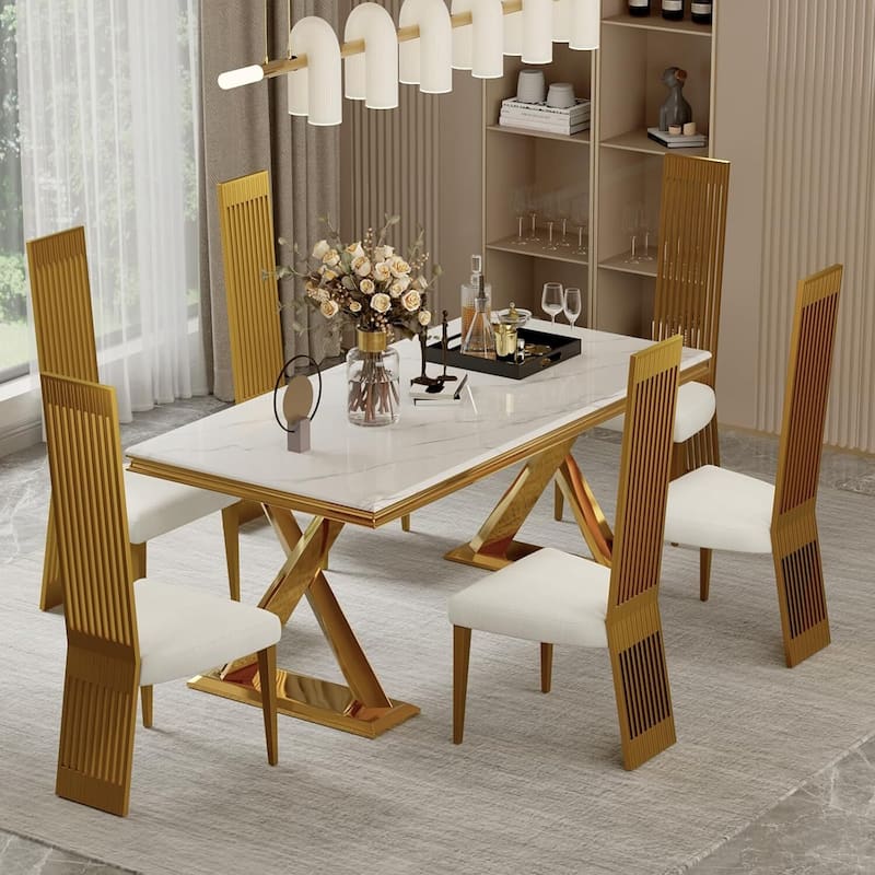 Modern White Boucle Dining Chairs with Brushed Gold Stainless Steel Legs and High Back