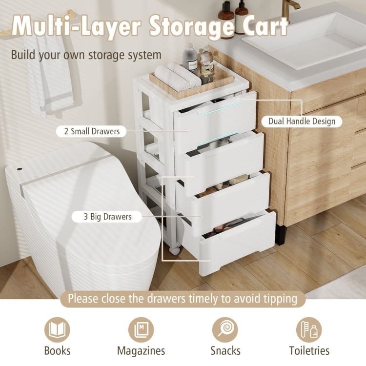 Multi-Drawer White PP Mobile Storage Organizer with Locking Wheels for Bathroom or Kids Room