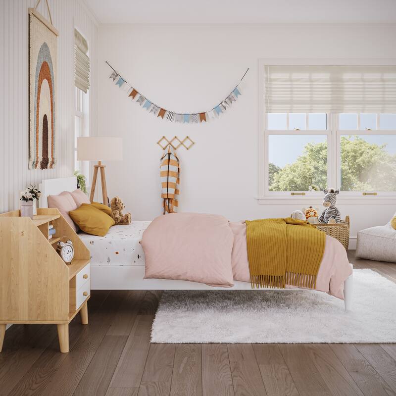 Modern Low Profile Wood Platform Bed - Twin Size Bed Frame, White Finish, Simple Design