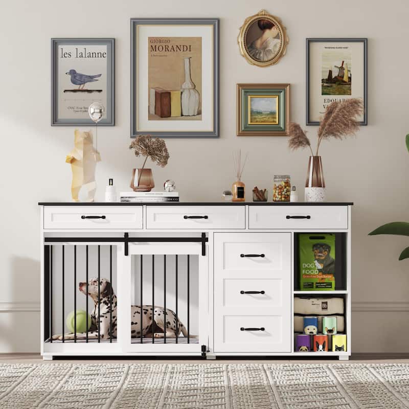 66.9"W Dog Crate Furniture Heavy Duty Dog Kennel with 6 Drawers End Table