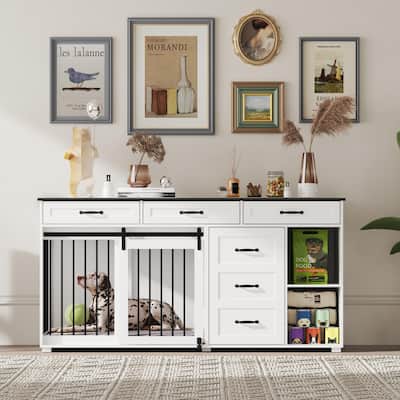 66.9"W Dog Crate Furniture Heavy Duty Dog Kennel with 6 Drawers End Table