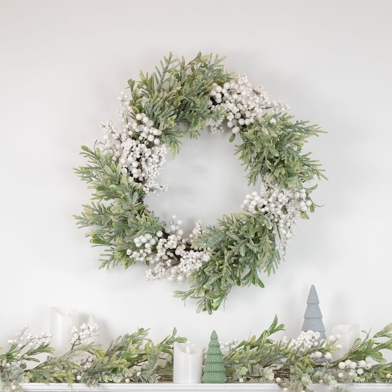 White Berry and Frosted Pine Christmas Wreath 28-Inch Unlit - 28"