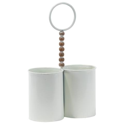 Foreside Home & Garden White Metal 2 Bottle Wine Caddy with Wood Bead Handle - 7.75 x 4 x 12.5
